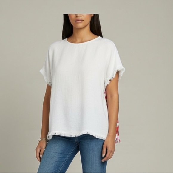 Umgee Floral Back Top | White Textured Fringe Tee Colorful Pink Print Blouse (L) - Picture 1 of 5